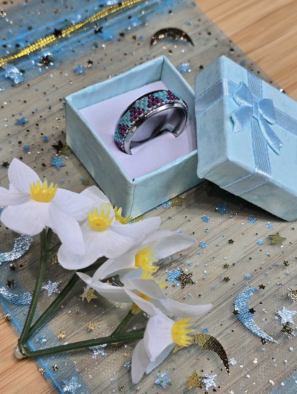 Beaded Pattern Silver Ring in Turquoise & Purple - Picture 4 of 8